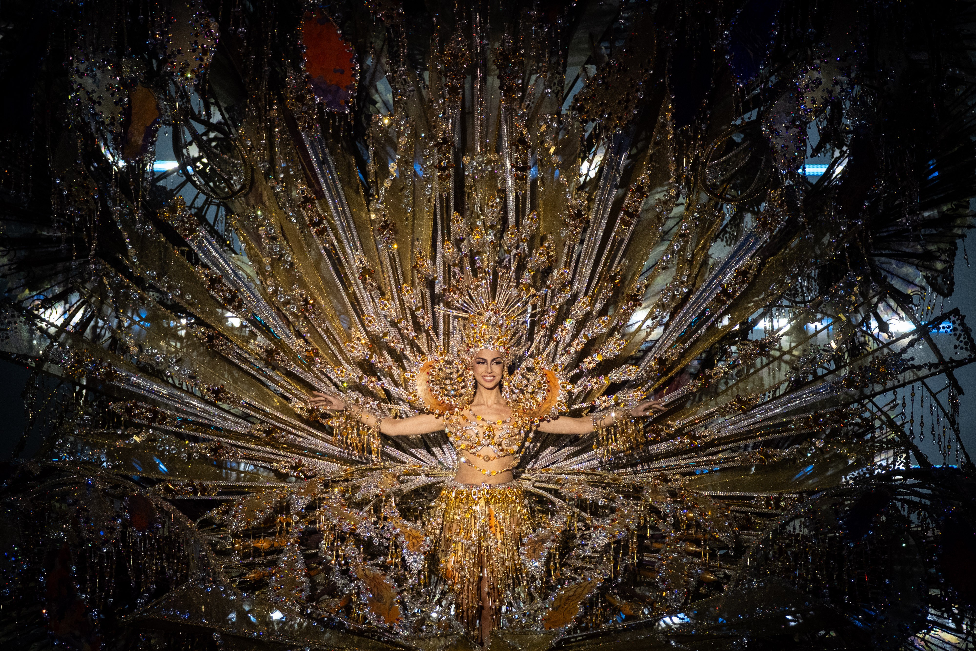 A performer poses, wearing a gigantic ornate costume that fills the entire frame.