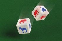 An illustration of two dice with a red elephant and a blue donkey on the sides