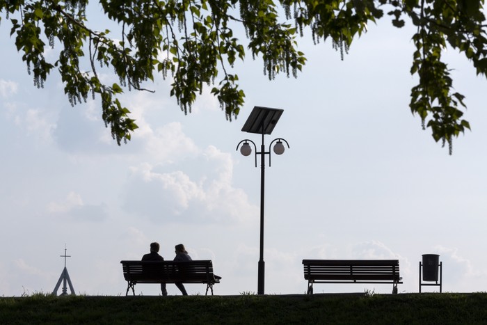 Two people on a bench under a tree