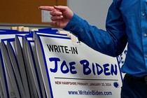 A photo of a sign that reads: "Write-in Joe Biden"