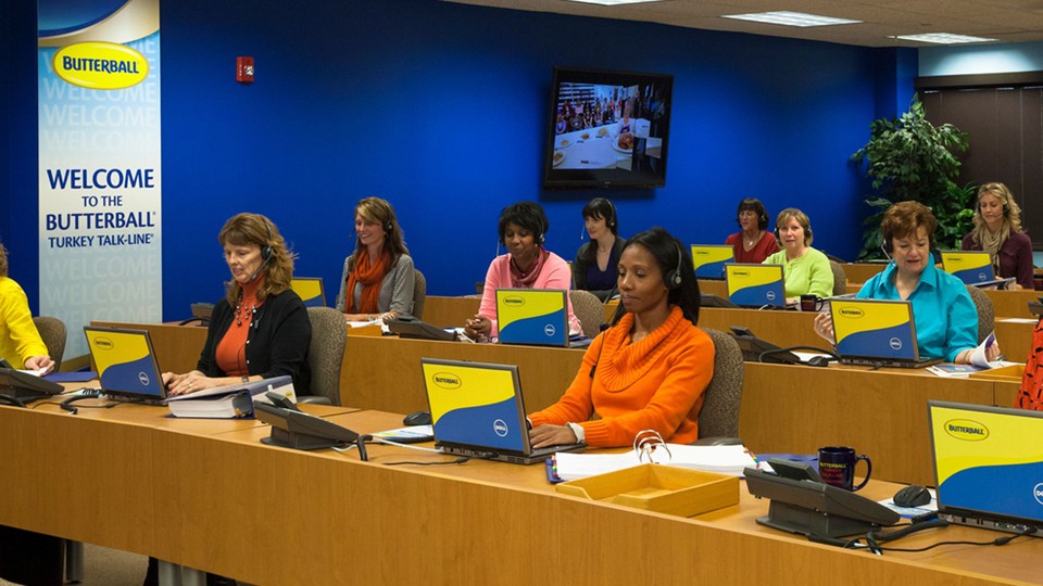 Employees use laptops, phones, and headsets at the Butterball call center.