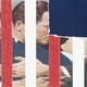Illustration of a man and woman covered in red and white stripes with a big corner of the image ripped off to reveal a blue background