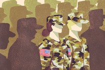 Two women in Army fatigues stand in a sea of silhouettes of male soldiers