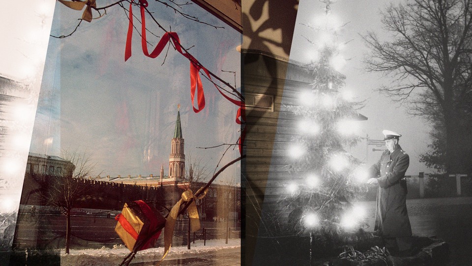 Left: The Red Square viewed from the "Gum" department store, Moscow, 2001. Right: Christmas Tree On Berlin Soviet Zone On December 7th, 1960.