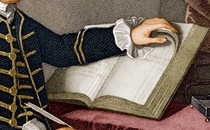 An old illustration of a hand turning a book's pages
