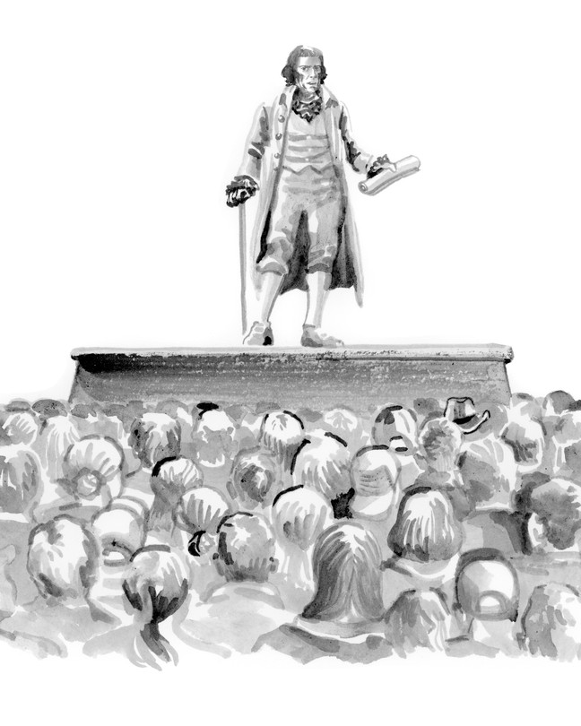 black-and-white illustration of man in colonial-period clothing with cane and scroll giving a speech on a stage with a modern crowd looking on