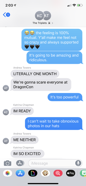 A screenshot of a text message exchange between the three friends.