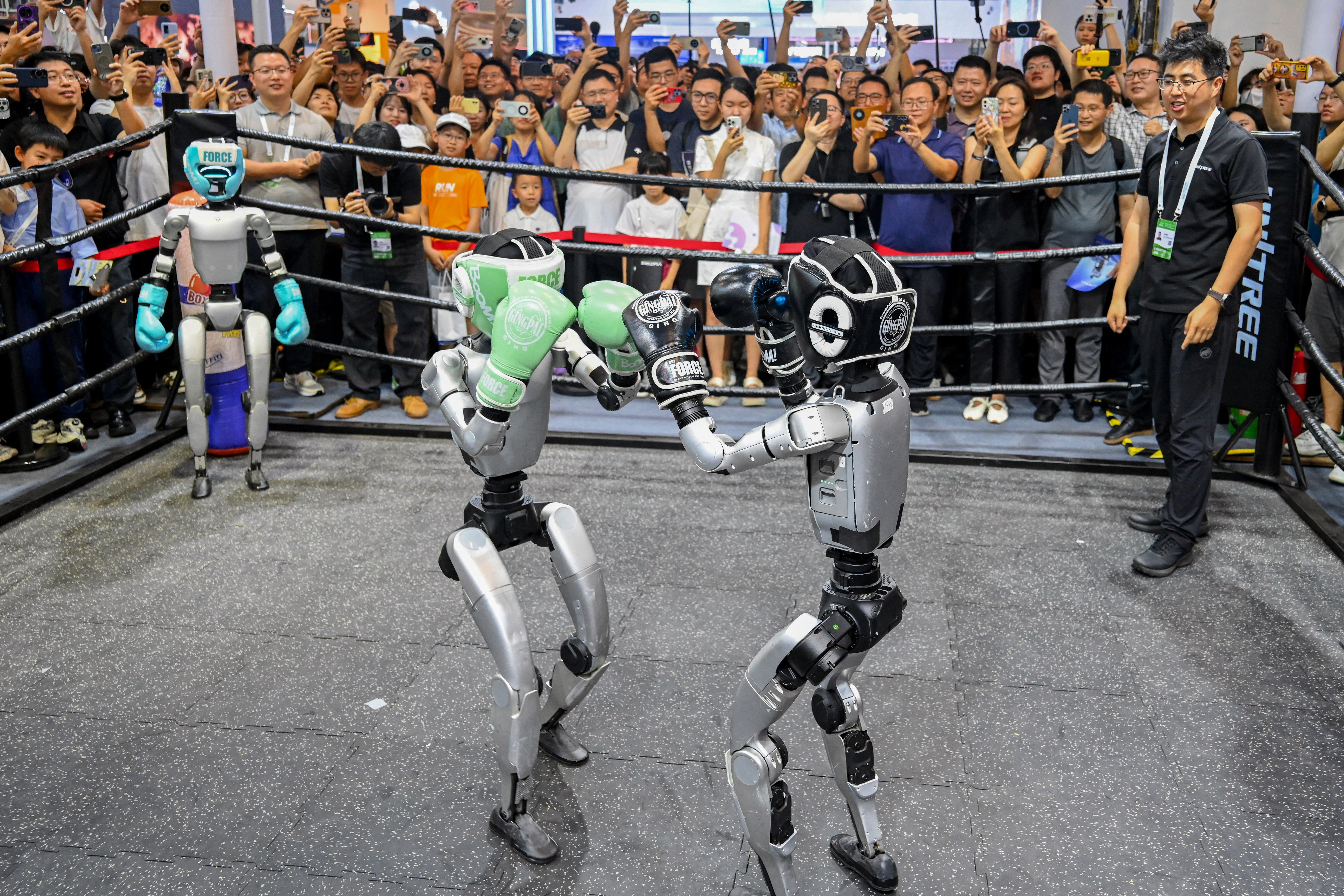 A crowd stands around a boxing ring as two small humanoid robots wearing boxing gloves face off in the center.