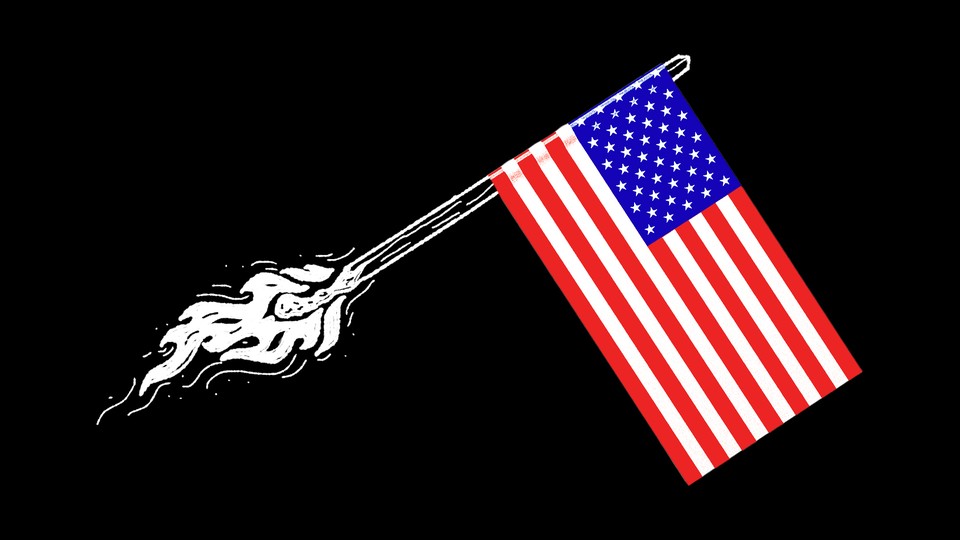 An illustration showing an American flag with a lit matchstick for a pole