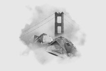 A black-and-white image shows a bit of the Golden Gate Bridge through fog, with two tents with some patches on top in front.