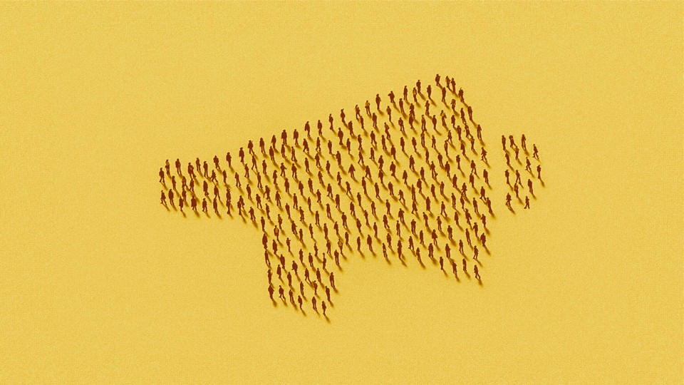 People arranged in the shape of a megaphone