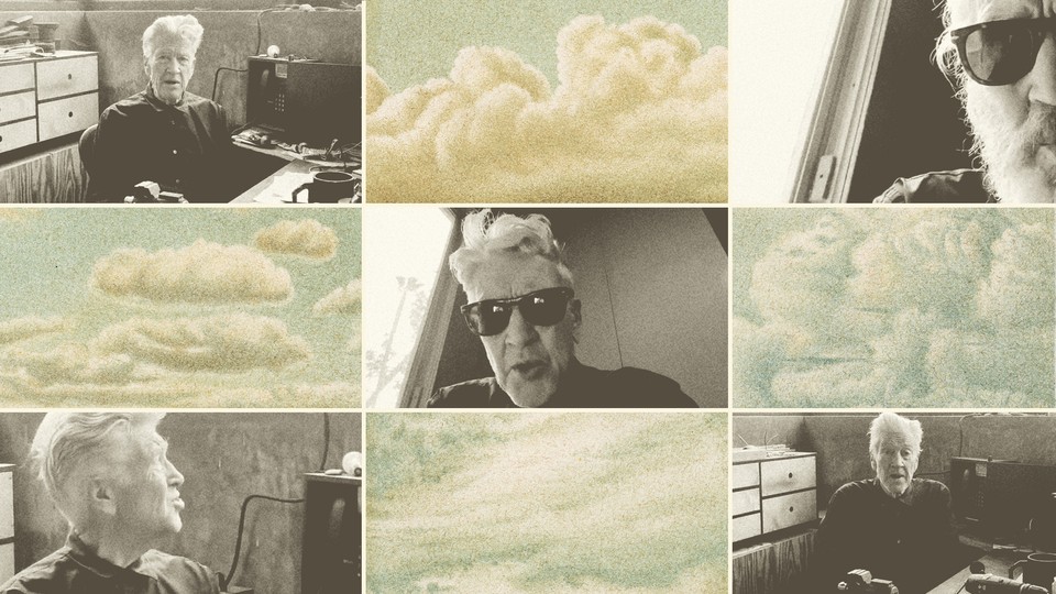 Photos of David Lynch, and vintage images of cloudy skies