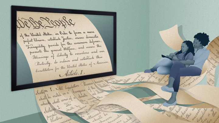 a mother and daughter watch television, surrounded by the text of the Constitution