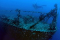 A diver swims at the shipwreck of Spiegel Grove, in the Florida Keys National Marine Sanctuary.