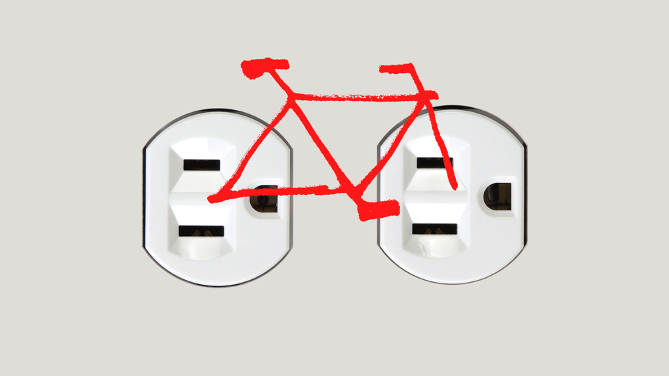 An illustration of a bicycle superimposed over two electrical sockets