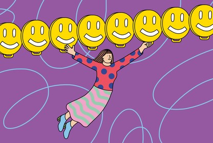 A woman swinging along a line of smiley-face rings