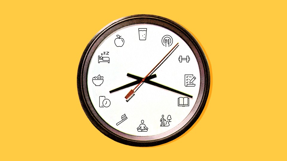 Illustration of a clock. The numbers have been replaced with icons of various habits, such as sleeping, lifting weights, and reading.