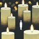 The silhouette of a woman stands small and alone among oversized lit candles