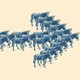 Blue donkeys assembled in an arrow shape, on a beige background