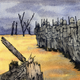 Long line of gray soldiers in desolate field, behind one somber mustached-soldier's face turning back toward the reader