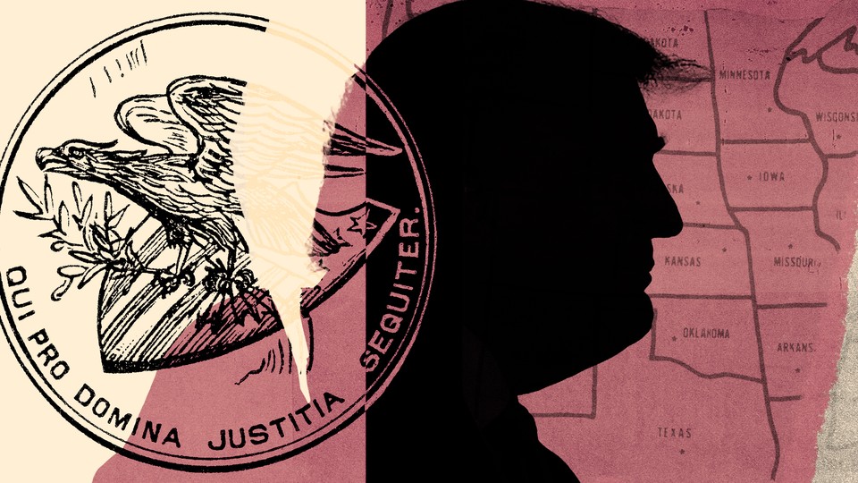 An illustration of the DOJ seal next to Trump's profile over a map of the U.S.