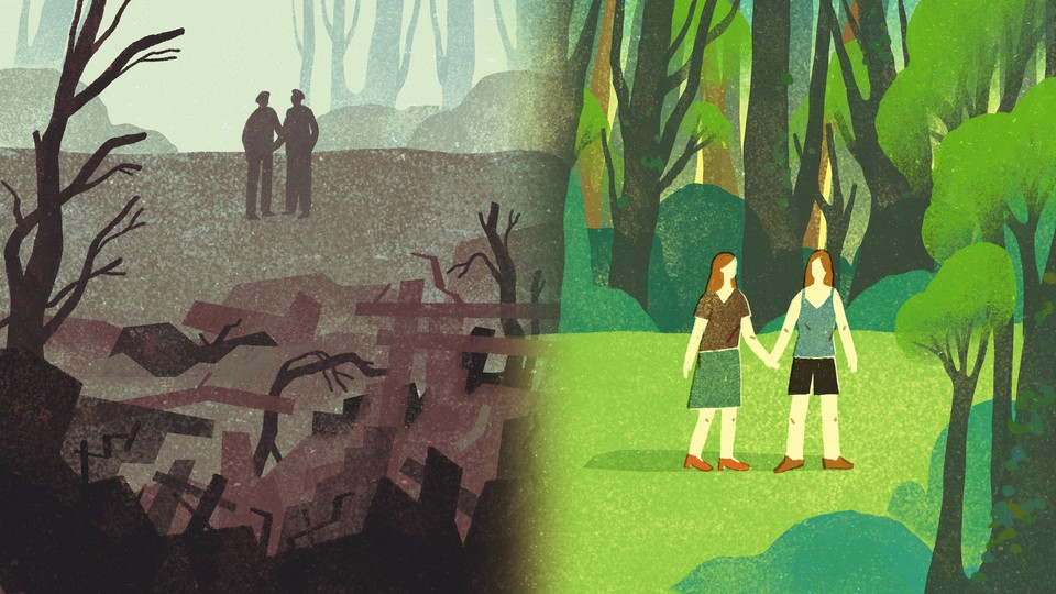 Split-screen illustration: On the left, the silhouettes of two men behind wreckage in the foreground; on the right, two women hold hands and walk through the forest