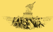 An illustration depicts the dome of the U.S. Capitol separated from its base by a piece of legislation. A mob of citizens appears in the foreground.