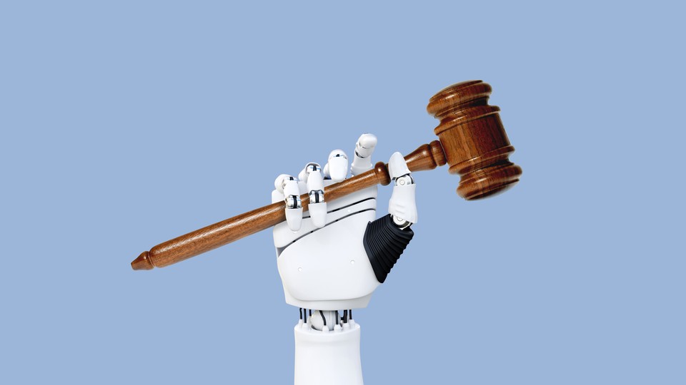 An illustration of a robotic hand wielding a gavel