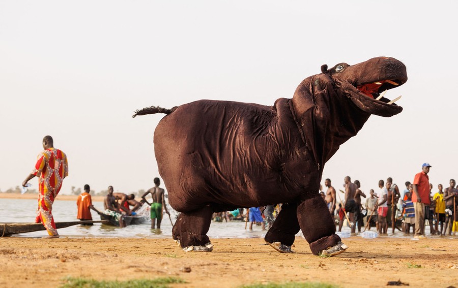 Two people in a hippo costume walk past people preparing for a boat race.