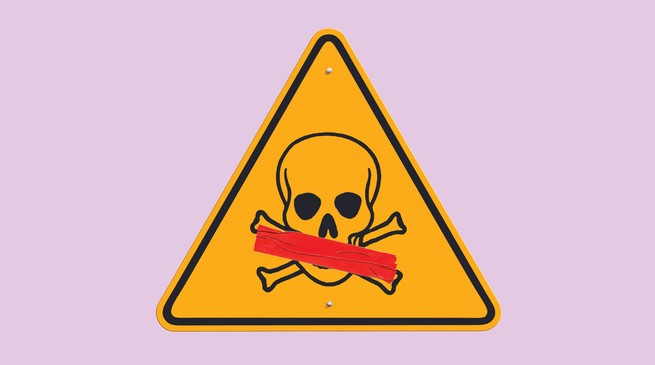 Illustration of yellow triangular warning sign with black skull and crossbones and red tape on the mouth of the skull