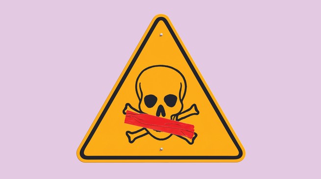 illustration of yellow triangular warning sign with black skull and crossbones and red tape across skull's mouth