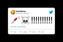 A mock-up of a tweet sent from "Truth Warrior" displaying a syringe, a skull and crossbones, and several exclamation marks