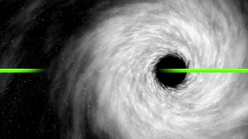 A bright-green laser beaming through a white cosmic swirl on a black background