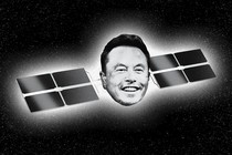 A black-and-white illustration shows a satellite in space with the face of Elon Musk.