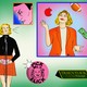 Illustration with Tracy Flick standing at microphone next to pictures of older Tracy in blazer juggling apple, football, and dollar bill; "Pick Flick" button; man glaring at her; and desk nameplate for Tracy Flick, Assistant Principal with "Assistant" crossed out