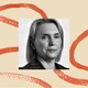 A black-and-white photo of Bridget Brink, former ambassador to Ukraine, set against an illustrated background