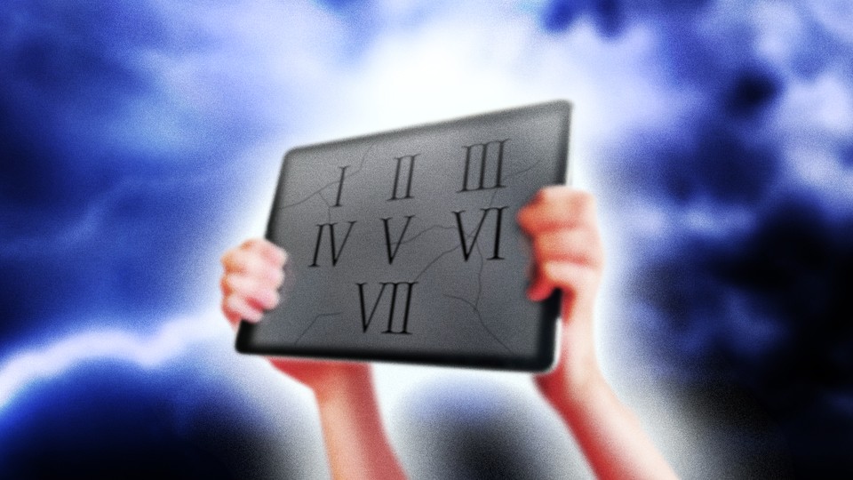 Against a stormy sky, hands hold up an iPad tablet with Roman numerals engraved on it.