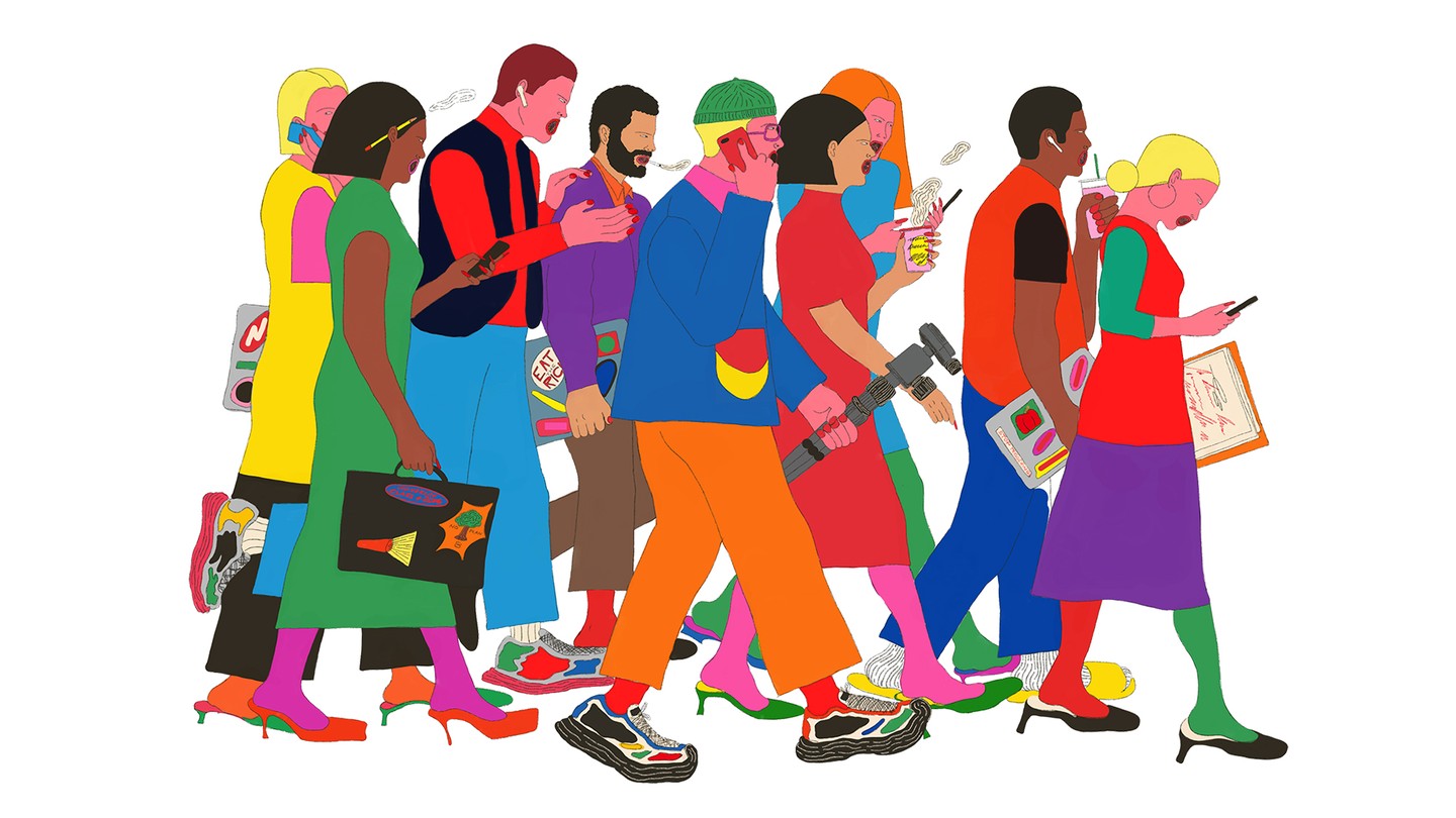 Illustration of colorfully dressed, multiracial crowd walking with cellphones, coffees, laptops, and creative tools