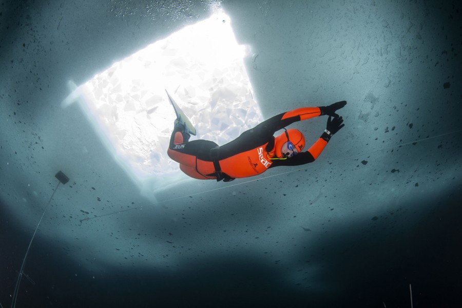 A diver in a full-body suit swims  in a lake beneath a layer of ice.