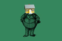 An illustration of a fat man wearing a three-piece suit (that is, a symbol of wealth) whose head is a house