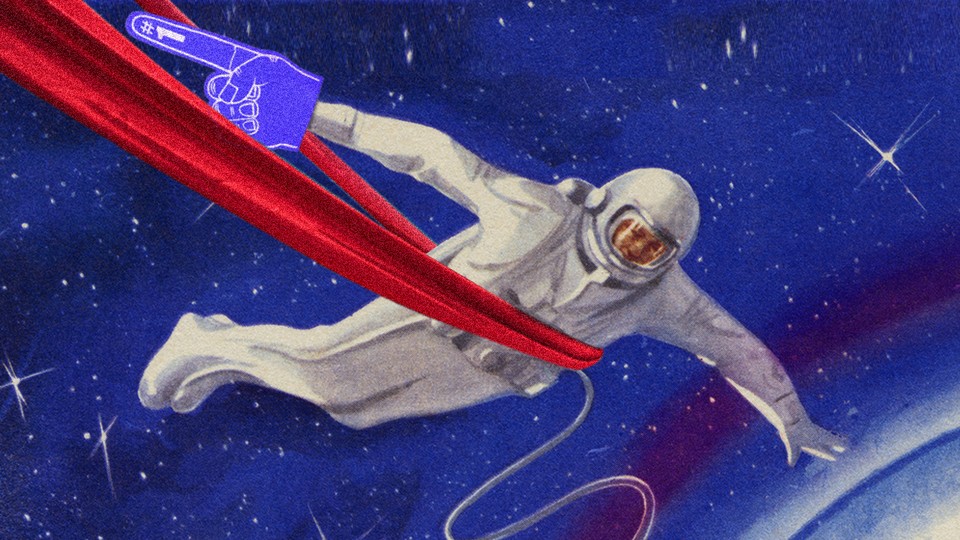 An illustration of an astronaut in a spacesuit crossing a finish line, with a foam finger in hand