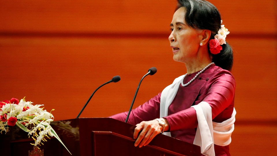 Aung San Suu Kyi delivers a speech.