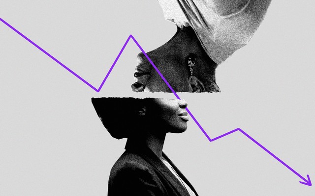 An illustration of two women with a downward arrow.