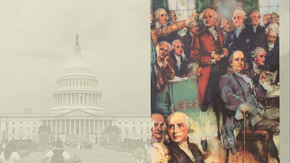 An image of the Founders looking at the Capitol