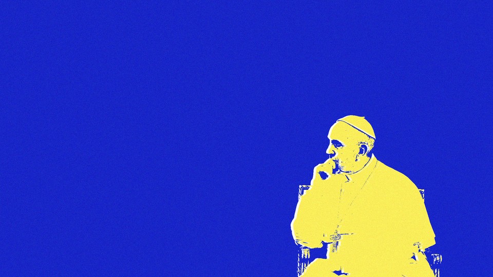 An illustration depicting an isolated Pope Francis in yellow against a blue background