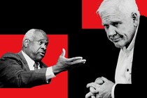 Black-and-white photos of Clarence Thomas and Harlan Crow against a black-and-red background