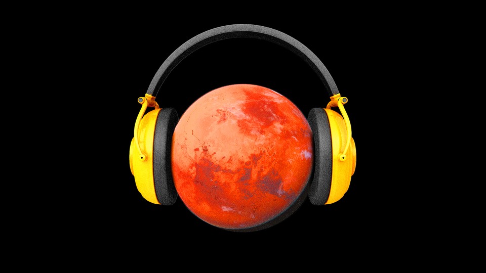 An illustration of the planet Mars wearing a set of big headphones