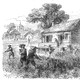 A black-and-white sketch of people cultivating tobacco on a Virginia farm in the 1600s