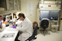 A man in a lab coat looks through the lens of a microscope
