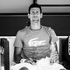 A black-and-white photo of Novak Djokovic